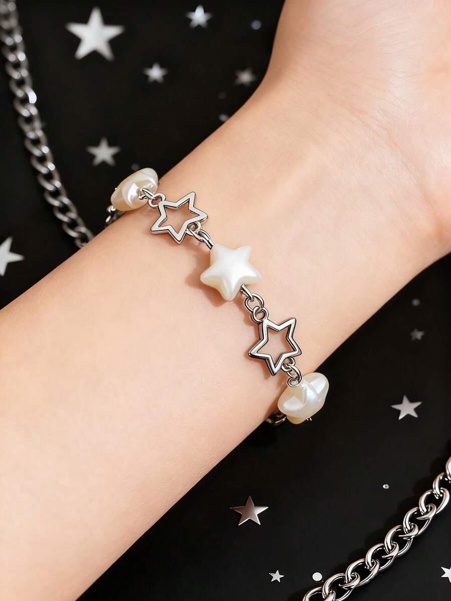 1pc Goth Style Hollow Faux Pearl Pentagram Minimalist Bracelet For Women - Silver - View 1