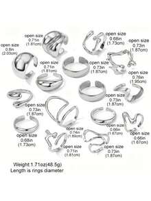 （无盒）8枚/15枚/24枚随机款式朋克戒指套装 - 前卫哥特风工业时尚饰品，可叠戴，金属涂层，不含包装盒 - 适合日常佩戴及特殊场合 - 女士朋克饰品系列 - 銀色 - 查看 5