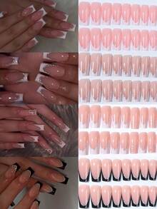 96pcs/Box (4 Boxes Assorted) Long Coffin-Shaped Black & White French Manicure Nail Stickers, Minimalist & Fashionable Style, Includes 1pc Jelly Gel And 1pc Nail File, Acrylic False Nails - Multicolor - View 9