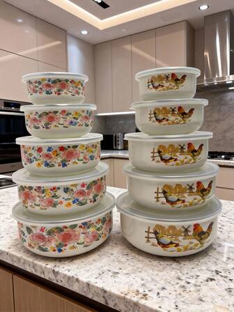 5pcs Enamel Multi-Function Airtight Fruit & Vegetable Preservation Boxes, Portable Lunch Boxes, Instant Noodle Bowls, Refrigerator Food Storage Containers, Suitable For Home Kitchen, Office, School Lunch, Outdoor Camping