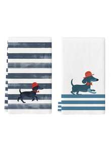 2条装狗狗图案厨房毛巾，腊肠犬洗碗布，厨房装饰洗脸巾 - 藍白色 - 查看 6