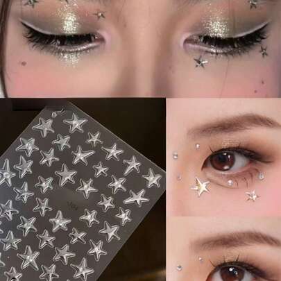 1件星形贴纸脸部饰品，金属银色，带水钻五角星脸部贴纸，适合音乐节妆容，闪亮百搭，适用于Y2K、Kpop、嘉年华等风格，五角星水钻脸部装饰（自粘式）