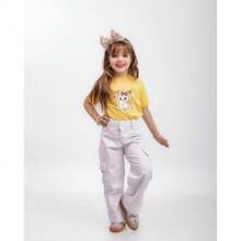 Krica Kids - Calça Wide Leg Cargo Infantil Menina Sarja Bolsos Moda Blogueira - Branco - Visão 2