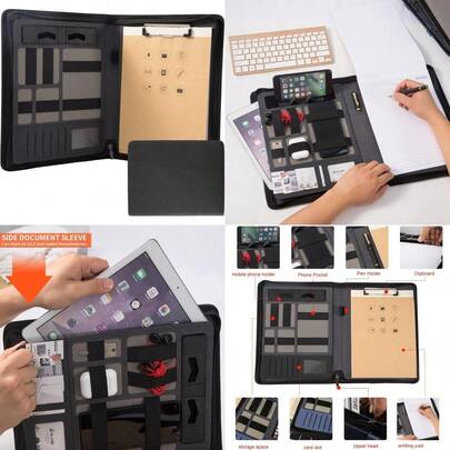 ジッパーとクリップボード付きパッドフォリオポートフォリオ - レザービジネスポートフォリオオーガナイザー ジッパー付きポートフォリオパッドフォリオ 男女兼用 バッテリーなし ブラック