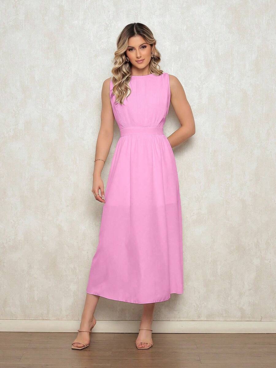 Elegant Women's Dress With A Defined Waist - Sleeveless, Discreet Neckline And Flowing Skirt For Formal Or Casual Occasions. - 粉色 - 查看 1