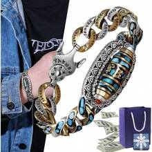 Turquoise Six Character Mantra Nine - Eyed Dzi Bead Bracelet, Turquoise Six Character Mantra Nine - Eyed Dzi Bead Bracelet Silver Men 22cm, Nine - Eyed Dzi Bead - 22 cm + Cuenta Dzi de nueve ojos - Ver 2