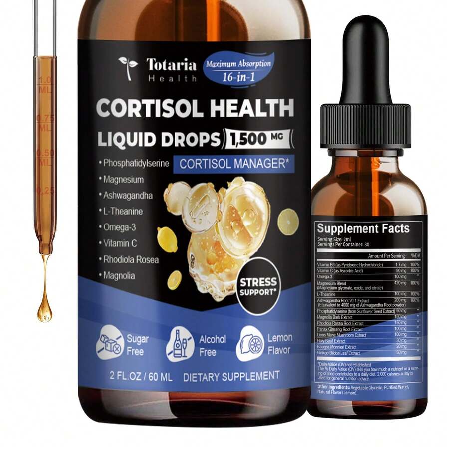 TOTARIA Cortisol Supplement Liquid Drops Hormone Balance For Women Men With Magnesium Complex,Ashwagandha,Rhodiola Rosea,L Theanine,Phosphatidylserine Supplements Mood, Focus, Sleep Support 2 FL.OZ - Lemon flavor - 查看 1