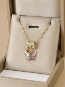 1件可爱立方氧化锆蝴蝶不锈钢项链，金色首饰，金项链，女士首饰，女士配饰，送给闺蜜的礼物，不锈钢首饰，心形项链，送给父母、爱人、朋友的礼物 - 紫色蝴蝶 - 查看 1