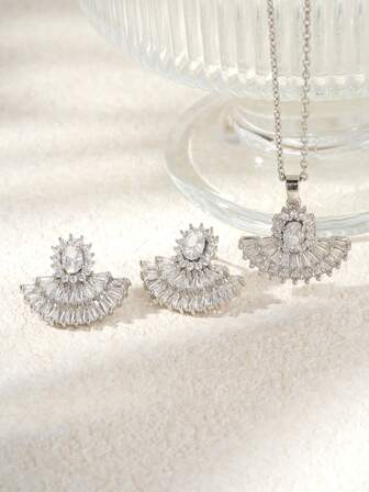 2pcs/Set Creative Geometric Fan-Shaped Elegant Fashion Copper Cubic Zirconia Earrings & Necklace Jewelry Set