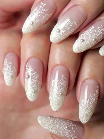 24pcs Almond Nails Acrylic Press On Nails,Elegant Press On Fake Nails, 3D Three-Dimensional Decoration Flower Decoration&Pearl Embellishment Nails Supplies Art, Luxurious Style, Includes: 1pc Jelly Glue And 1pc Nail File, Fully Covered Fake Nails, Suitable For Daily Wear By Women And Girls.