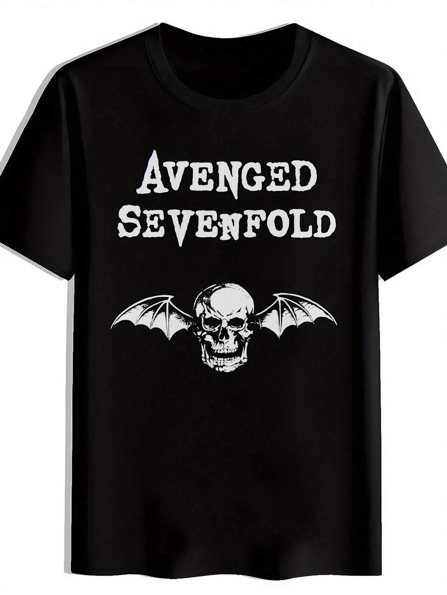 Camiseta Gráfica Negra para Hombre - Manga Corta Cuello redondo. Camiseta casual de verano con diseño de calavera y murciélago. Perfecto para conciertos. Festivales. y Ropa Casual Camiseta con gráfico de calavera de atuendo festivo, ajuste cómodo. Camiseta de Concierto de Rock - Negro - Ver 1