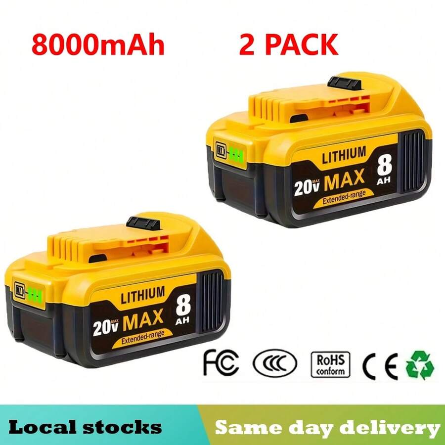 2 baterías de iones de litio de 8,0 Ah y 20 V de repuesto para Dewalt 20 V 18 V. Compatibles con baterías de 20 voltios. Herramientas inalámbricas XR Max DCB206 DCB200 DCB201 DCB204 DCB207.