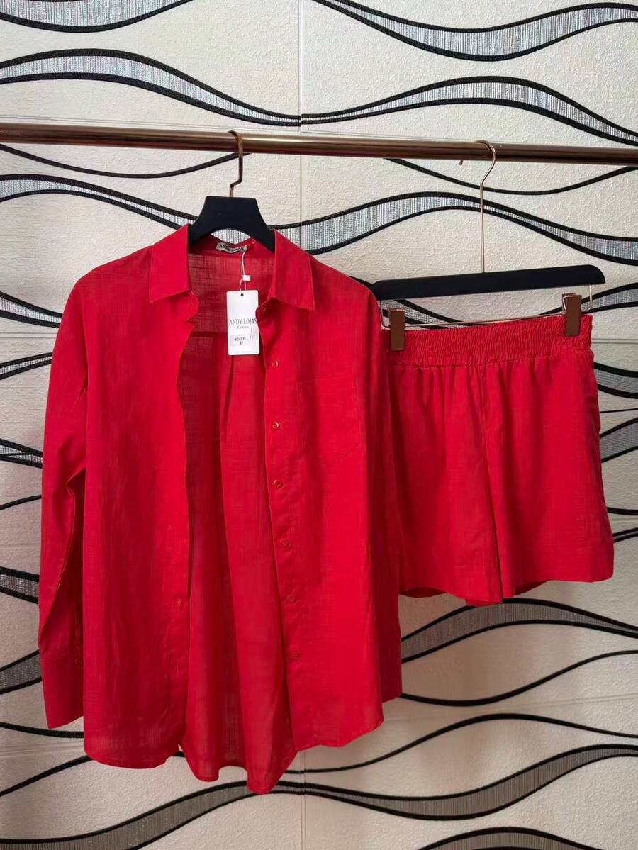 Imported Women's Linen Shirt /Button/Lining/ /Women's, 2-Piece Shirt/Shorts With Elasticated Lining - 紅色 - 查看 1