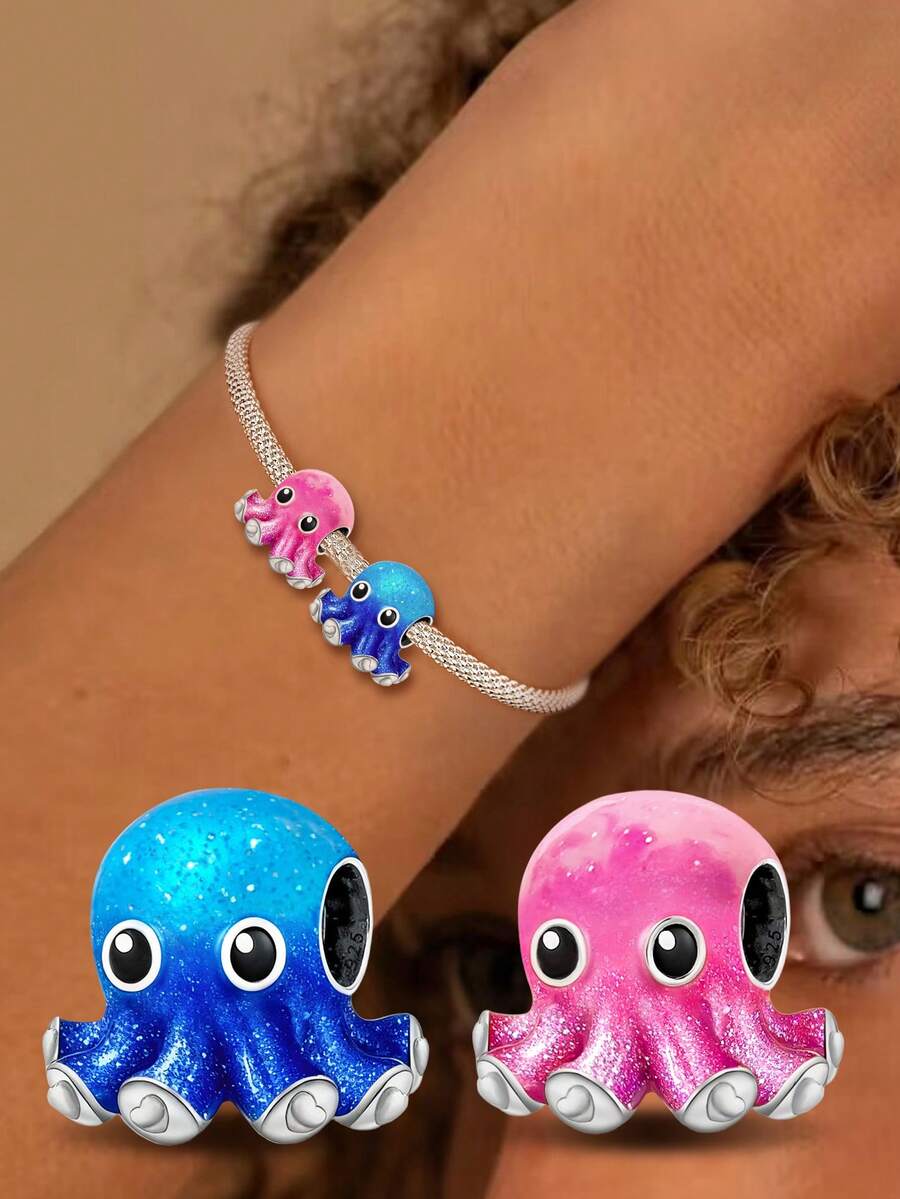 1件时尚925纯银闪亮章鱼吊坠珠子饰品，适合女士手链DIY