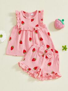 Baby Kids Girls Shorts Set, Strawberry/Cherry Sleeveless Crew Neck Tank Top And Shorts Summer 2-Piece Outfit - Đỏ - Xem 5