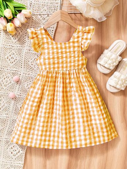 Girls Gingham Sleeveless Bow Tie Dress, Pink Children's Countryside Style Dress For Daily Wear, Suitable For Countryside Picnic, Summer Outing, Casual Wear. Fits Girls Aged 4-7, Spring/Summer
