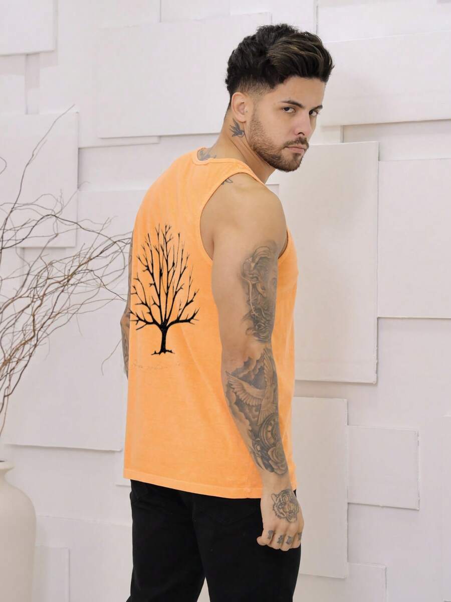 Men's Standard Sleeveless Printed Summer Tank Top With Washed Knit Stitching - Orange - View 1