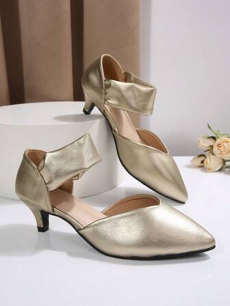 Women's Gold Metallic Faux Leather Pointed Toe Kitten Heel Pumps With Ruched Ankle Strap & Cutout Design, Stylish Shiny Dress Shoes For Office, Party Nights, Dating, Daily Casual, Business Meetings & Evening Gatherings, Comfortable Fit, Versatile Silhouette & Timeless Design To Elevate Any Outfit