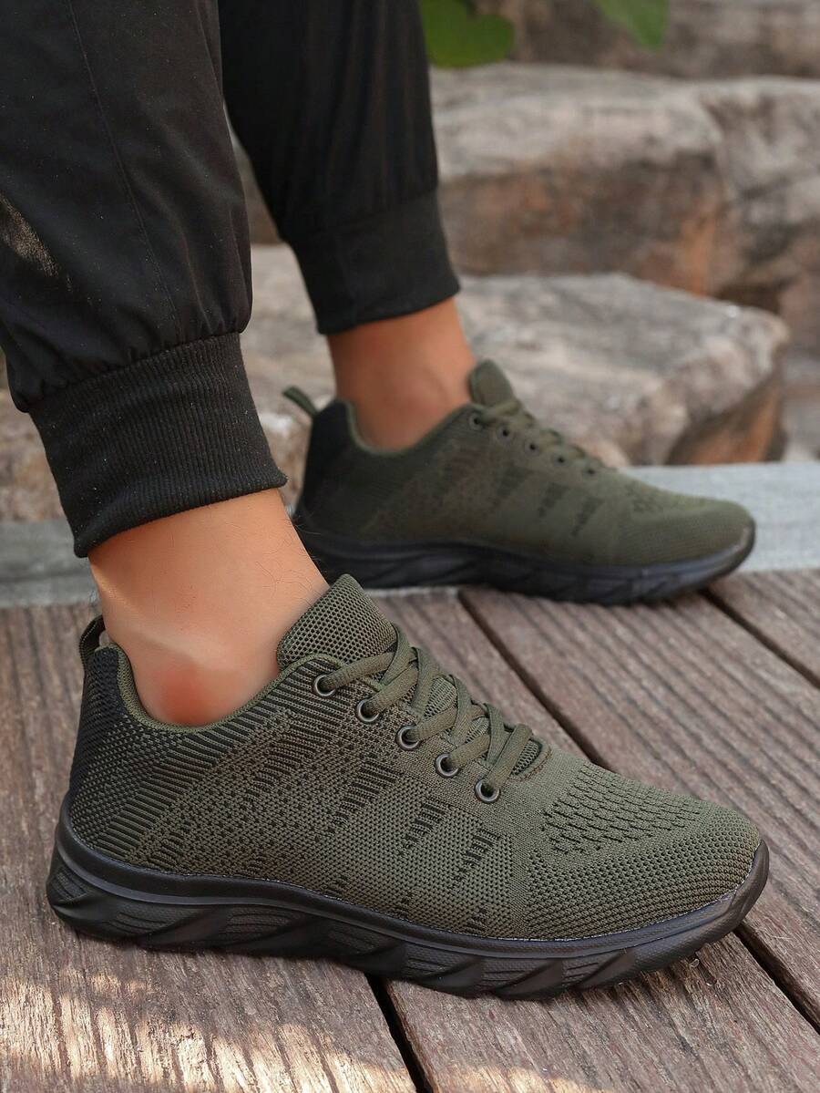 2024 Nuevos tenis de malla de punto con cordones, casuales, transpirables, ligeros y lavables, de ajuste ancho para mujeres, aptos para deportes, correr, caminar, acampar, ocio, parejas, carreras en carretera - Verde militar - Ver 1