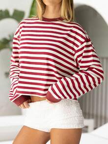 Women's Striped Cropped Long Sleeve Sweatshirt, Elegant Midriff-Revealing - Multicolor - View 1