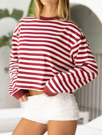 Women's Striped Cropped Long Sleeve Sweatshirt, Elegant Midriff-Revealing