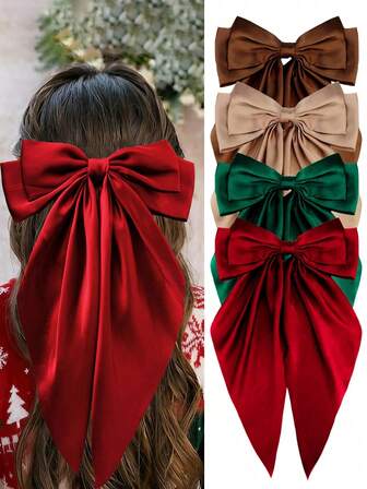 4pcs Solid Color Bow Hair Clips, Brown Bow, Khaki Bow, Red Bow, Women's Bow Hair Clips, Satin Bow Hair Barrettes, Long Tail Bow Hair Clips, Party Hair Accessories, Christmas, Valentine's Day, Thanksgiving, Claws, Hair Clips