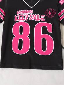 2pcs/Set Young Girl Letter Print V-Neck Digitally Printed Short Sleeve Shorts Set, Suitable For Summer Outings And Everyday Wear (Polyester) - Black - View 5