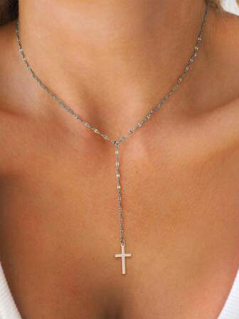 1pc Fashionable Minimalist Silver Cross Tassel Copper Pendant Y-Necklace For Women
