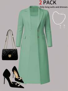 Plus Size Women 2-Piece Set, Elegant Outfit: Solid Color Minimalist Long Cardigan Jacket + Sleeveless Bodycon Midi Dress, Suitable For Commuting And Daily Wear, Spring/Autumn/Winter - Light Green 6 - View 2