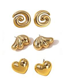 3 Pairs Minimalist Luxe Gold Tone Metal Texture 3D Stereo Spiral & Leaf & Heart-Detail Stud Earring Set, Women's Daily Wear, Party, Valentine's Day & New Year Gifting Fashion Jewelry Accessory - Multicolor - View 11