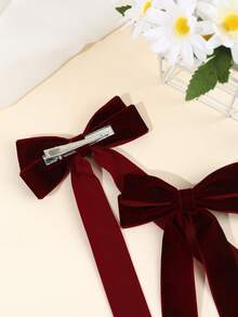Two Bow Hair Clips For Girls, Featuring Long Tail Velvet Bows, Crocodile-Shaped Hair Clips, And Large Bows. These Are Suitable For Toddlers Learning To Walk, With Braided Bows, And Are Perfect For Autumn And Winter. - 紅色 - 查看 4