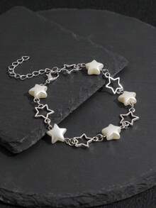 1pc Goth Style Hollow Faux Pearl Pentagram Minimalist Bracelet For Women - Silver - View 5