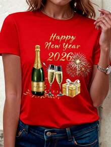 祝您2026年新年快乐！女士短袖T恤，四季皆宜。 - 紅色 - 查看 3