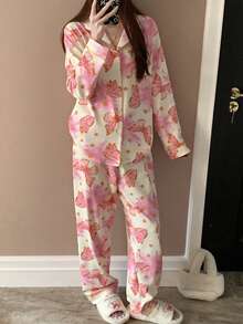 Spring/Summer 2-Piece Pink Floral Print Pajama Set, Women's Casual Collared Cardigan Long-Sleeved Top And Pants Set - Pink - View 4