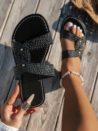 Sandalias de playa con tiras cruzadas de piel sintética, verano