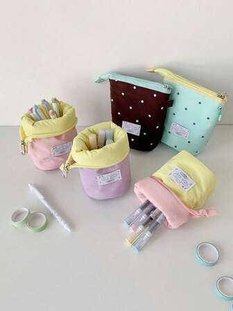 1 pieza Bolsa de lápices de estudiante de unicolor con lunares para niñas, soporte de escritorio tridimensional de doble uso, bolsa de papelería portátil