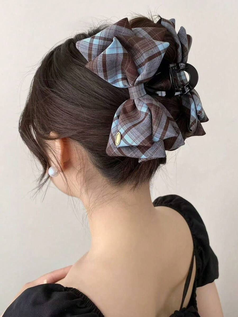 1pc Retro Plaid Contrast Color Bow Decor Hair Clip, Classic Vintage Fabric Barrette For Women, / Summer Hair Accessories Beach Claw Clips - Multicolor - View 1