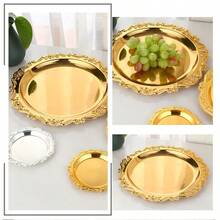 1 Pieza/Juego de 4 Piezas de Elegantes Platos de Cena de Acero Inoxidable Tallados con Patrones Florales Geométricos, Disponibles en Acabados Dorados y Plateados, Platos para Pasteles de Metal, Bandejas para Té de la Tarde, Portavasos para el Hogar y la Sala de Estar, Bandejas Multifuncionales de Acero Inoxidable, Platos para Aperitivos, Platos para Frutas, Platos para Fruta Seca, Platos de Almacenamiento de Joyas/Accesorios - Multicolor - Ver 8