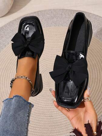 Highly Recommended! Super Comfortable! Collegiate Style Thick Sole Square Toe Bow Tie Loafers, British Style Small Leather Shoes, JK Shoes For Women