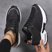 Damen-Sportschuhe, bequeme und vielseitige Damen-Sportschuhe mit Höhenverstärkung, Damen-Laufschuhe für draußen - schwarzes Gold - Übersicht 3
