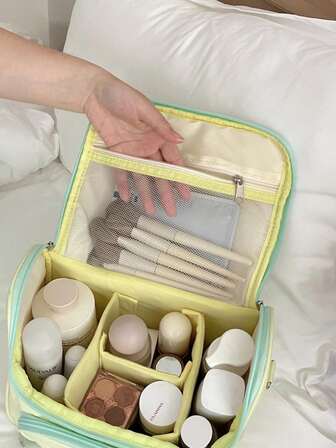 Bolsa de maquillaje con lazo lindo para niñas, organizador de cosméticos portátil y de mano, impermeable, bolsa de tocador de gran capacidad