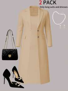 Plus Size Women 2-Piece Set, Elegant Outfit: Solid Color Minimalist Long Cardigan Jacket + Sleeveless Bodycon Midi Dress, Suitable For Commuting And Daily Wear, Spring/Autumn/Winter - Light Apricot 28 - View 2