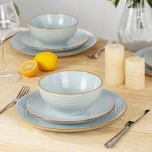 Richmount 12 Pieces Dinnerware Set, Plates And Bowls Sets For 4, Including Dinner Plates, Salad Plates And Cereal Bowls, Dishwasher And Microwave Friendly - 淺藍 - 查看 3