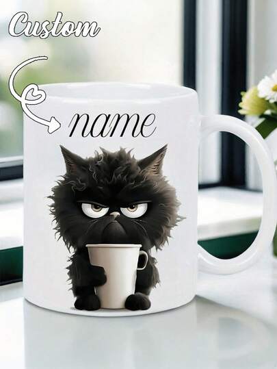 1pc Customized Black Cat Mug, Personalized Mug, Coffee Cup, Can Customize Name Or Text, Personalized Gift For Friends, Family, Women, Men, Holiday Gift, Anti-Mold, Reusable, Delicate And Cute, Modern Minimalist Customization