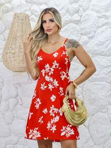 Floral Dress With Straps, V-Neck, Loose Fit, With Padded Cups And Elastic - Casual / Beach / Summer / Everyday / Maternity Boho Casual Fabric, Tie Back, No Knots, Beach, Dating, Vacation - 紅色 - 查看 5