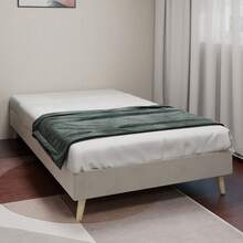 Modern Minimalist Bed Frame, 90 X 200 Cm, Beige, Upholstered In Dutch Velvet, Low Slatted Base, Contemporary Style Bedroom Furniture. Gas Lift Mechanism, Headboard And Mattress Not Included. - Beige - View 4