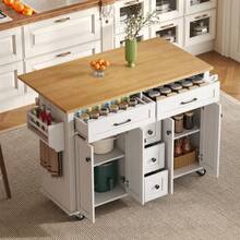 Multifunctional Kitchen Trolley With Fold-Out Worktop, Extendable To 120*65 Cm, With 5 Drawers, Cabinets, Spice And Towel Racks, On Casters – Kitchen Island For Kitchen, Dining Room And Living Room - 白色 - 查看 12