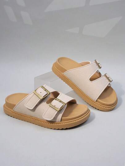 1 Pair Girls' Beige Faux Suede Slip-On Sandals, Featuring Faux Suede Upper, Dual Metallic Buckle Decor, Open Toe Low-Top Design, Flat Thick Sole, Lightweight Retro Casual Style Suitable For Summer Park Play And Daily School Commute