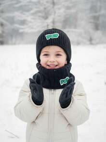 3pcs/Set Boys & Teens Knitted Hat, Scarf & Gloves Set, Thermal Lined, Black, Autumn/Winter