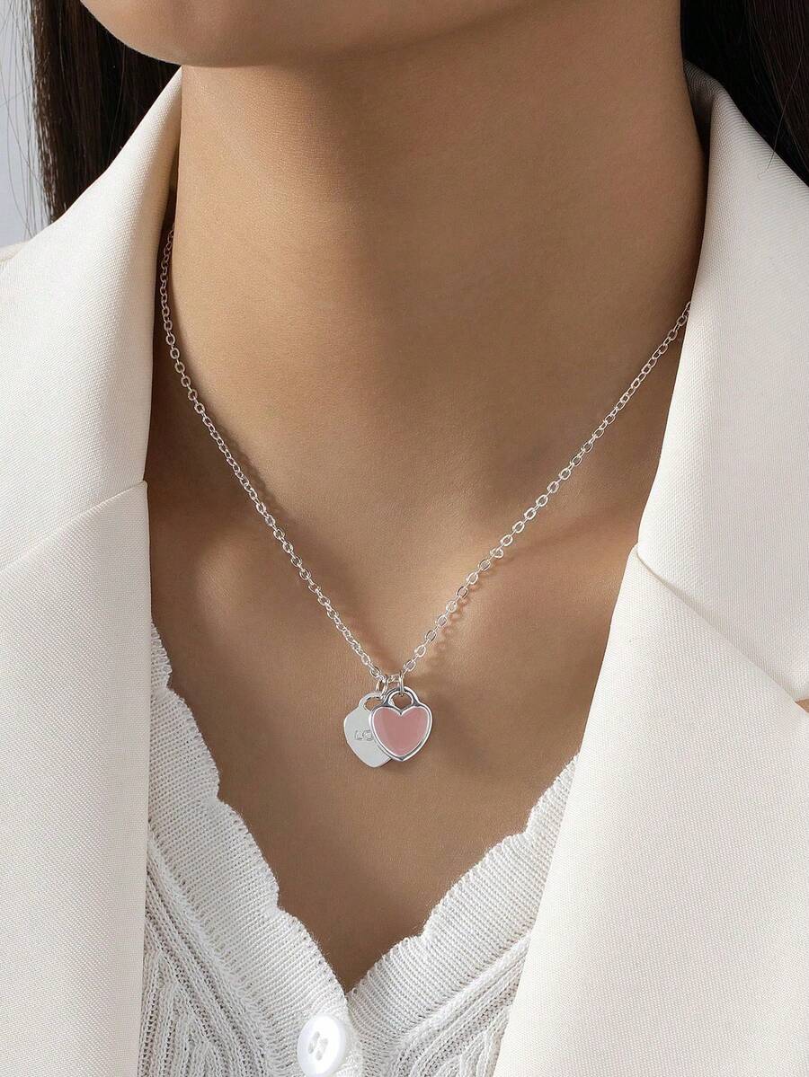 1件时尚简约爱心吊坠项链，适合日常佩戴 - 桃心 - 查看 1